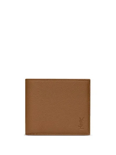Saint Laurent Debossed-logo Leather Wallet In Beige