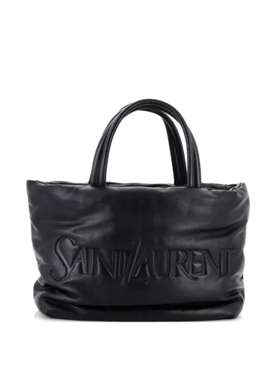 Pre-owned Saint Laurent Debossed Logo Padded Leather Tote Bag In Black