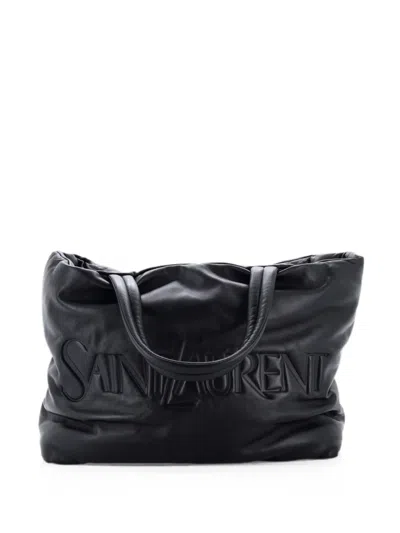 Pre-owned Saint Laurent Debossed Logo Padded Leather Tote Bag In Black