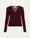 Saint Laurent Ribbed V-neck Knit Sweater With Long Sleeves In Burgundy