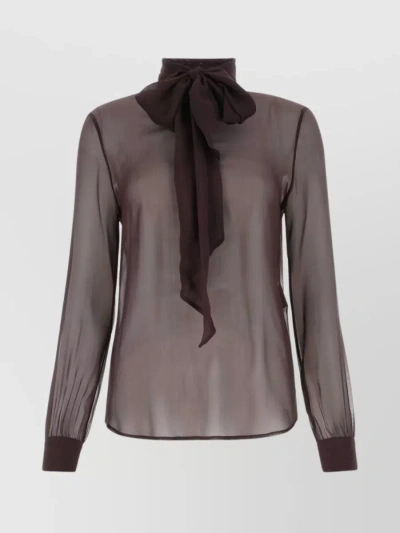 Saint Laurent Delicate Tie-neck Flowing Blouse In Brown