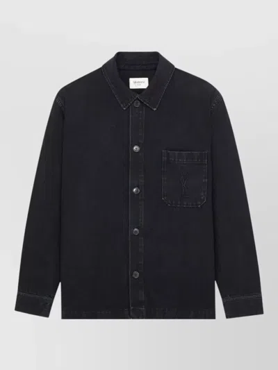 Saint Laurent Denim Blazer Long Sleeves Collared Chest Pocket In Black