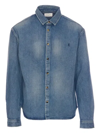 Saint Laurent Cassandre' Blue Cotton Shirt In Multi