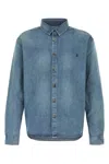 Saint Laurent Blue Shirt With Classic Collar And Cassandre Embroidery On The Front In Denim Man In Blue