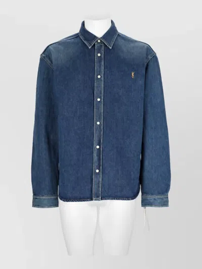 Saint Laurent Cassandre Embroidery Denim Shirt In Blue