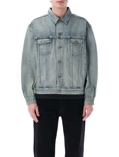 Saint Laurent Trucker Puffer Jackets Blue In Gray