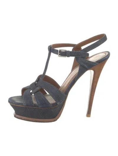 Pre-owned Saint Laurent Denim T-strap Pumps In Blue