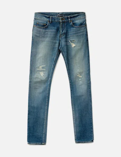 Saint Laurent Destroyed Slim Jeans In Blue
