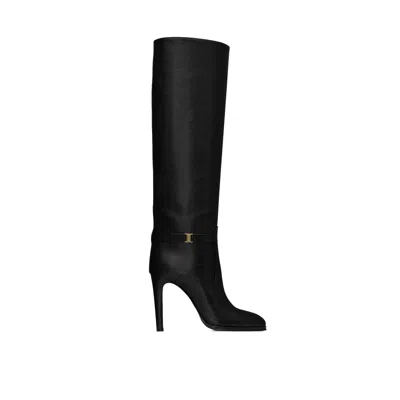Saint Laurent Diane 100 Grained Leather Knee-high Boots In Black