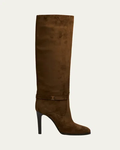 Saint Laurent Diane Suede Ysl Buckle Knee Boots In Land