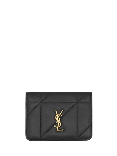 Saint Laurent Dimensions: 10 X 7 X 1 Cm Mini Lambskin Wallet With Bronze-tone Hardware In Nero