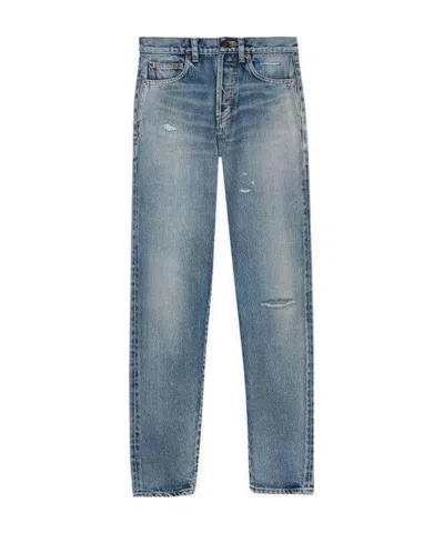 Saint Laurent Distressed-finish Straight-leg Jeans In Blue