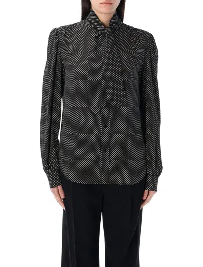 Saint Laurent Dotted Pussy-bow Shirt In Multi