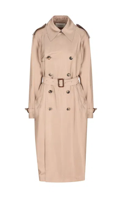 Saint Laurent Double-breasted Belted Coat In M/beige