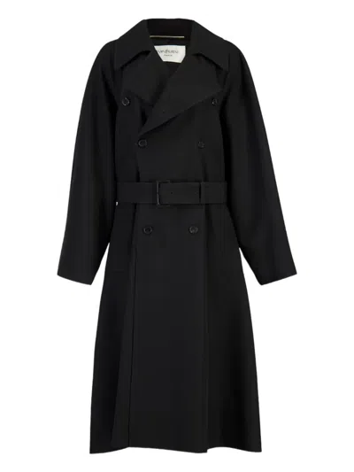 Saint Laurent Double-breasted Belted Trench Coat In Black