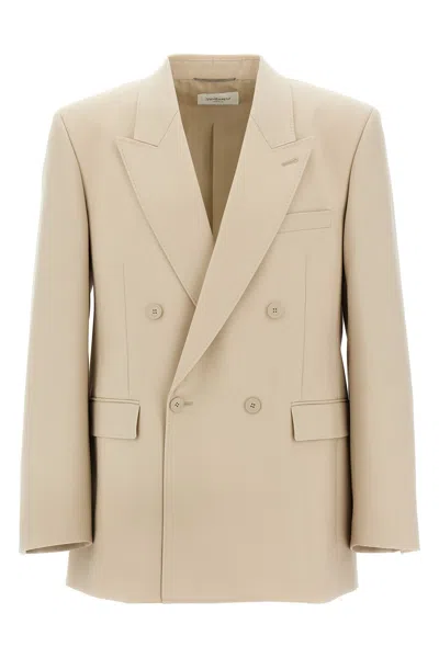 Saint Laurent Double-breasted Blazer With Buttoned Cuffs In Beige