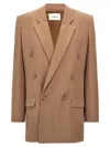 Saint Laurent Oversized Double-breasted Silk Crepe Blazer In Beige