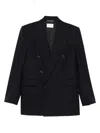 Saint Laurent Wool Center Vent Peak Lapel Double-breasted Blazer In Black