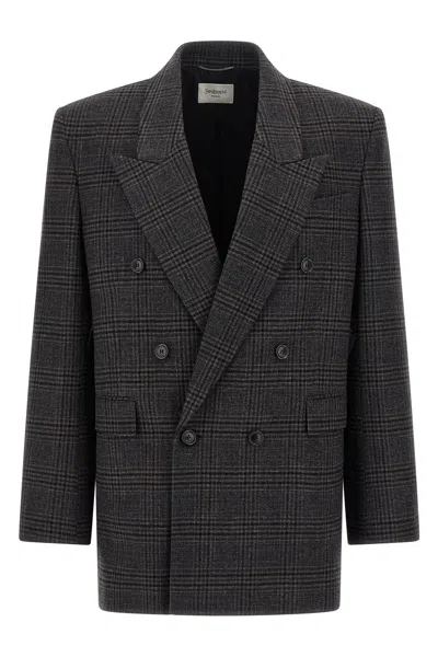 Saint Laurent Double-breasted Blazer Featuring Structured Shoulders In Black