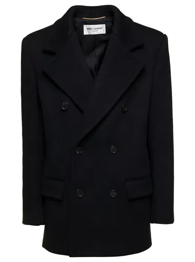 Saint Laurent Long Sleeved Double Breasted Coat In Black