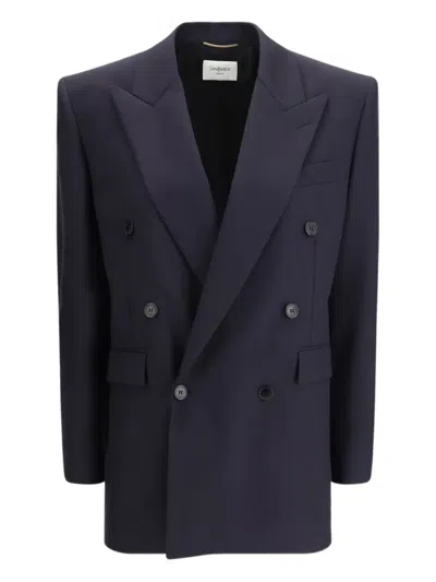 Saint Laurent Wool Double-breasted Blazer In Blue