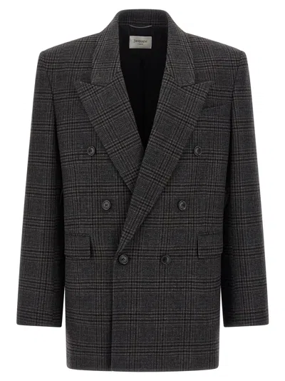 Saint Laurent Prince Of Wales-check Double-breasted Blazer In Black