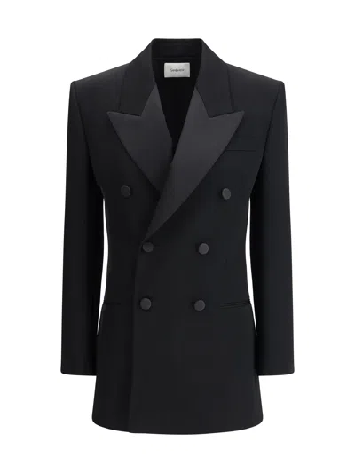 Saint Laurent Double-breasted Satin-trimmed Grain De Poudre Wool Blazer In Black