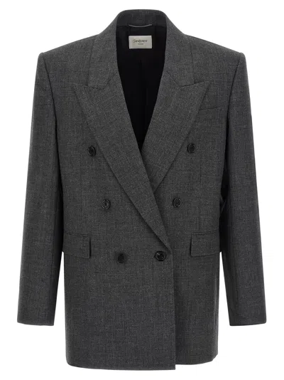 SAINT LAURENT DOUBLE-BREASTED BLAZER GRAY