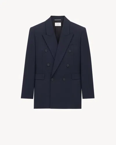 Saint Laurent Double Breasted Blazer Jacket In Wool In Blue