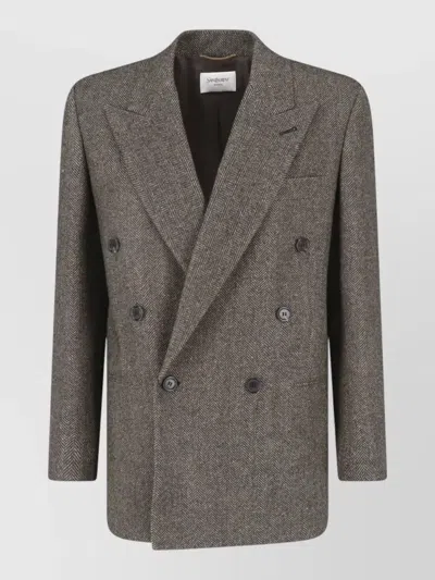 Saint Laurent Double Breasted Blazer Tailored Fit Notched Lapel In Brown