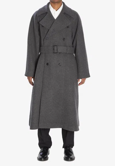 Saint Laurent Double-breasted Cashmere Trench Coat In Gray