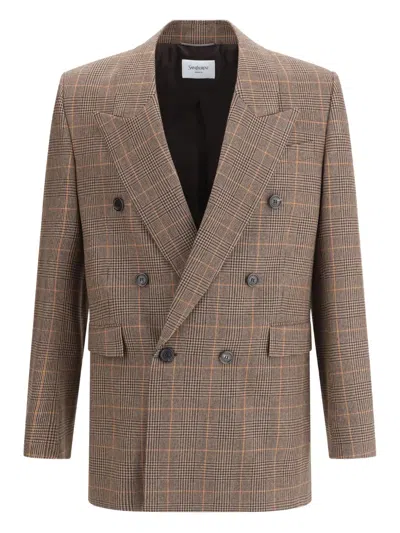 Saint Laurent Prince De Galles Wool Blazer In Brown