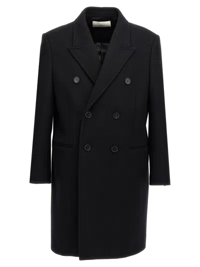 Saint Laurent Double-breasted Wool Coat With Peak Lapels And Padded Shoulders In Black