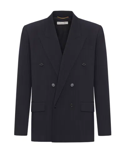 Saint Laurent Double-breasted Flannel Blazer In Black