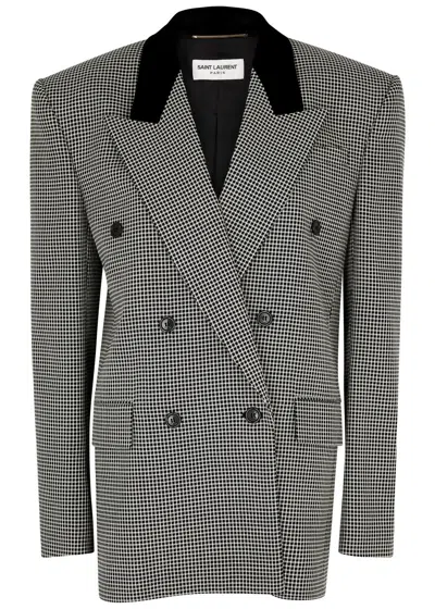 Saint Laurent Double-breasted Houndstooth Wool Blazer In Black