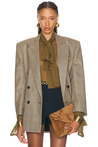 Saint Laurent Double Breasted Jacket In Beige  Marron  & Marine