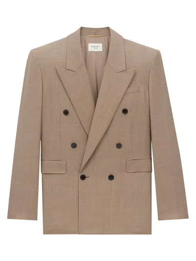 Saint Laurent Double-breasted Jacket In Caviar Wool In Nude