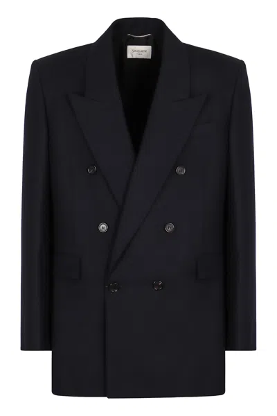 Saint Laurent Double-breasted Jacket In Wool In Blue
