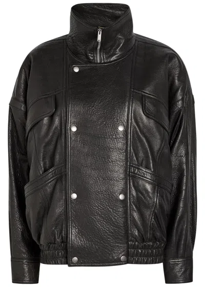 Saint Laurent Double-breasted Leather Blouson Jacket In Black