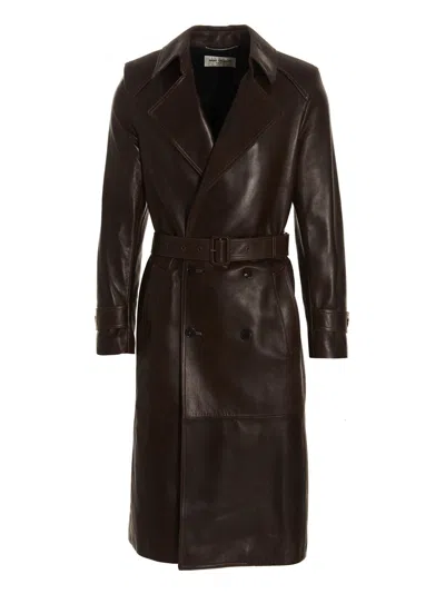 Saint Laurent Double-breasted Leather Trench Coat In Brown
