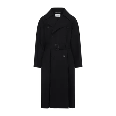 Saint Laurent Double-breasted Long Coat In Grain De Poudre In Black
