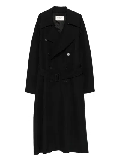 Saint Laurent Double-breasted Long Coat In Grain De Poudre Clothing In Black