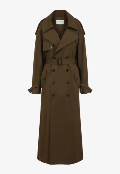 Saint Laurent Double-breasted Long Trench Coat In Green