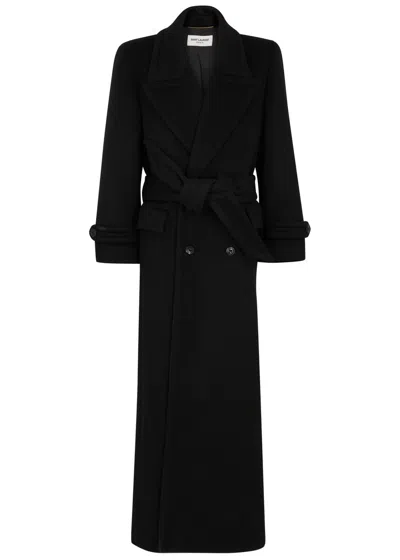 Saint Laurent Double-breasted Longline Wool Coat In Black