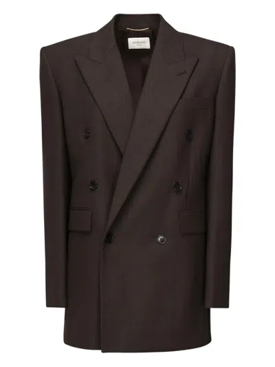 Saint Laurent Double-breasted Padded-shoulder Jacket In Brown