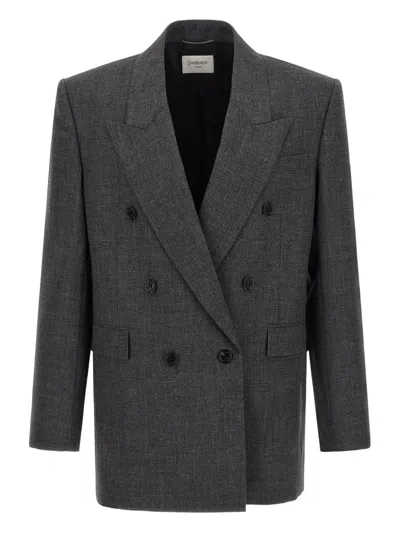 Saint Laurent Double-breasted Peak-lapel Blazer In Gray