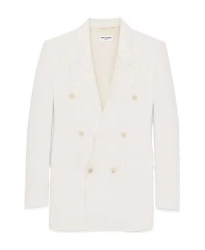 Saint Laurent Double-breasted Peak Lapel Blazer In White