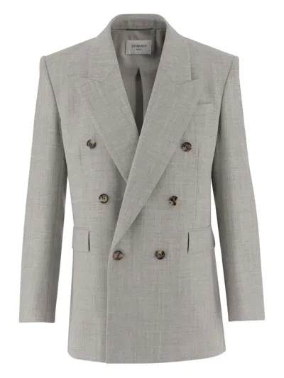 Saint Laurent Double-breasted Peaked-lapels Dinner Jacket In Gray
