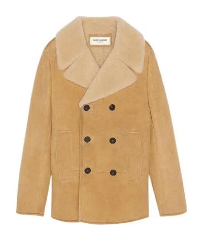 Saint Laurent Double-breasted Shearling Pea Coat In Nude