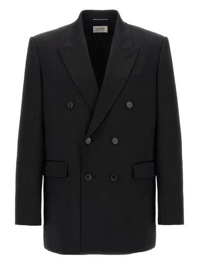 Saint Laurent Double-breasted Blazer In Silk Satin Crepon In Black
